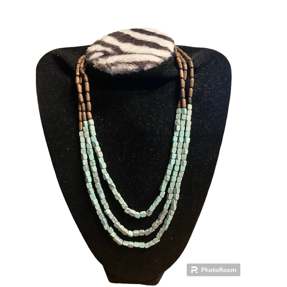 Multi-strand Necklace Turquoise And Brown Bead Stone Wood Multi-layer